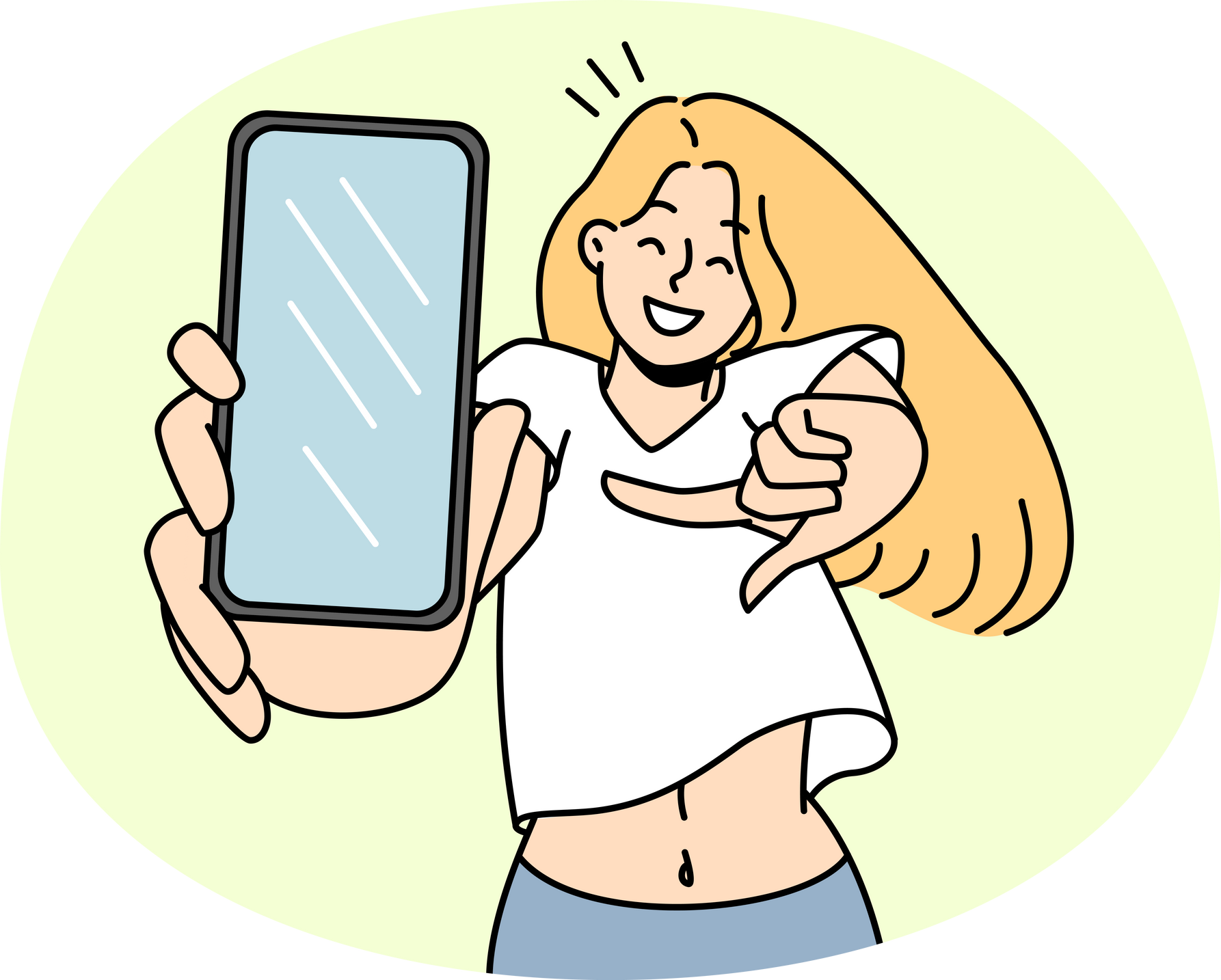 Smiling girl pointing at smartphone screen